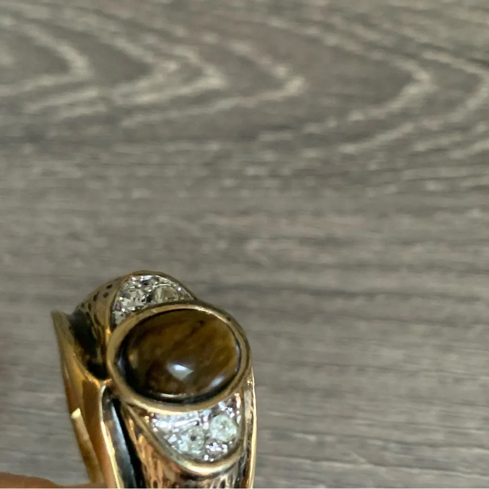 Vintage Seta Ring Men’s Gold Electroplate Tiger’s Eye Cubic Zirconia